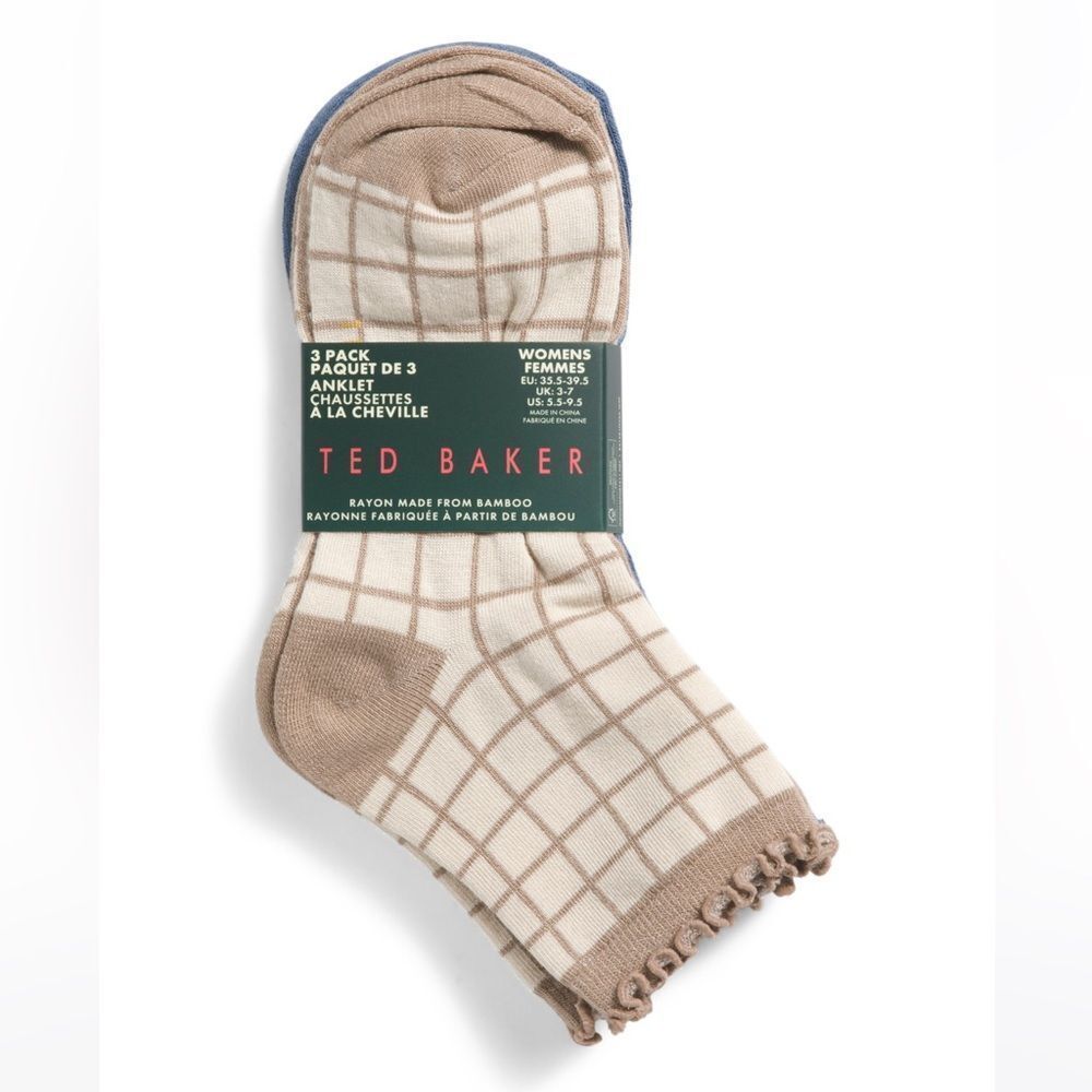 Ted Baker Tan Plaid Blue Dress Crew cut Knit Bamboo Blend Socks 3 pack